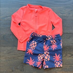 Simple Joy by Carters Boys Coral Rashguard and Navy Pineapple Shorts Set
